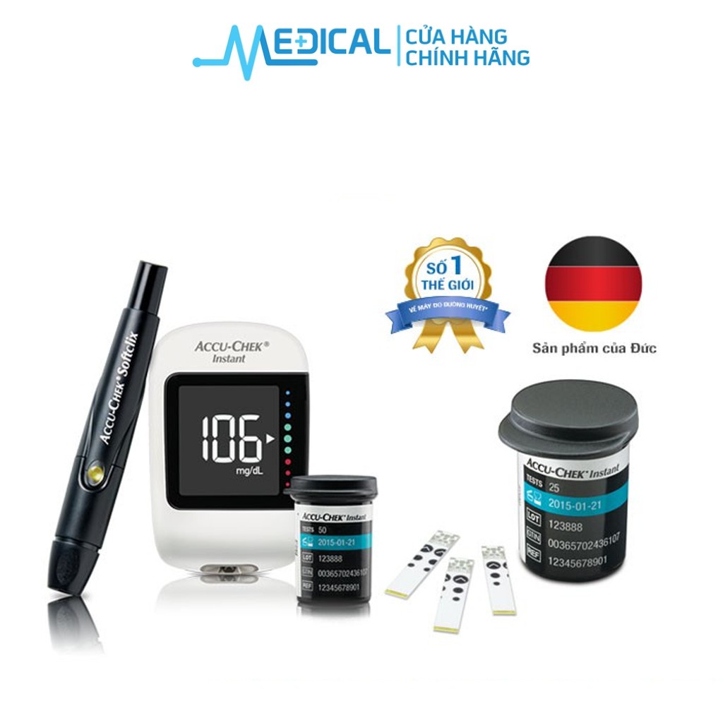 Máy đo đường huyết Accu-Chek Instant mg/dL. Kèm Dụng cụ lấy máu Softclix, 10 kim, hộp 25 que - MEDICAL