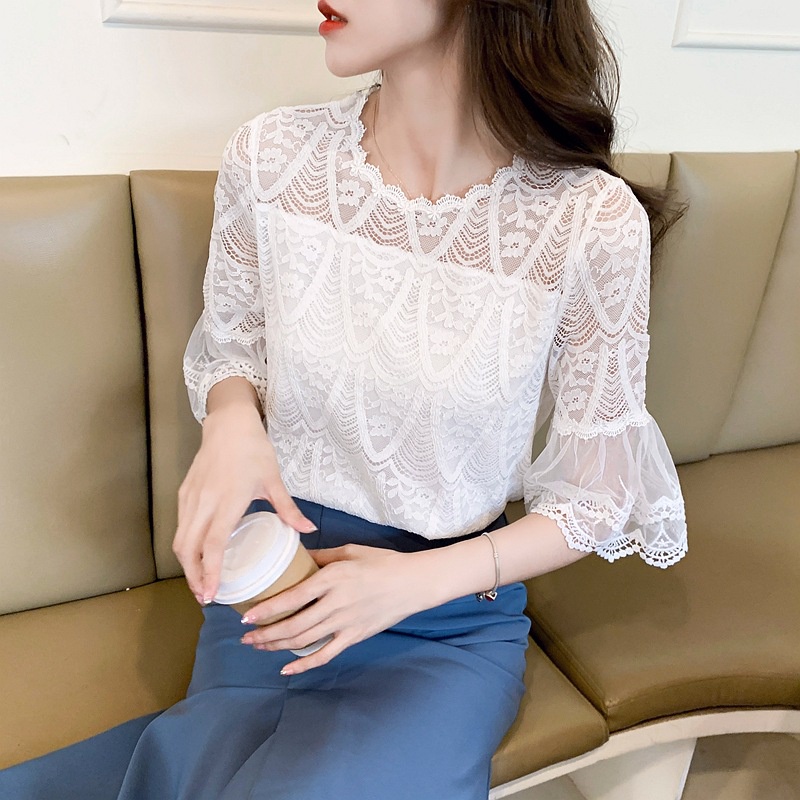 Áo Chiffon Nữ Phối Ren áo sơ mi ren nữ áo ren tay ngắn