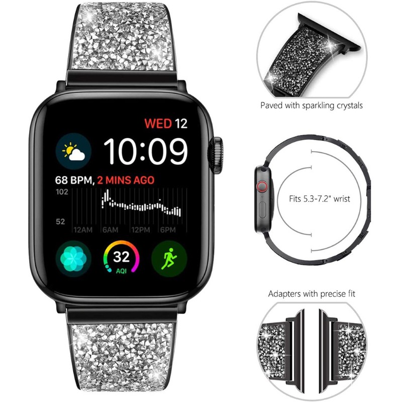 Dây Đeo Thay Thế Chất Liệu Kim Loại Đính Đá Lấp Lánh Cho Apple Watch