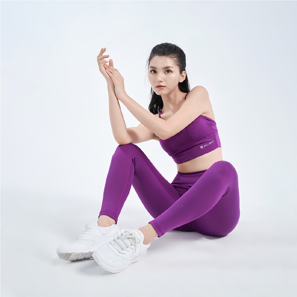 Bộ đồ tập yoga nữ, Gym Welly Sport, áo tập gym nữ  1 dây, quần lưng cao, màu tím Pansy mã BTN01