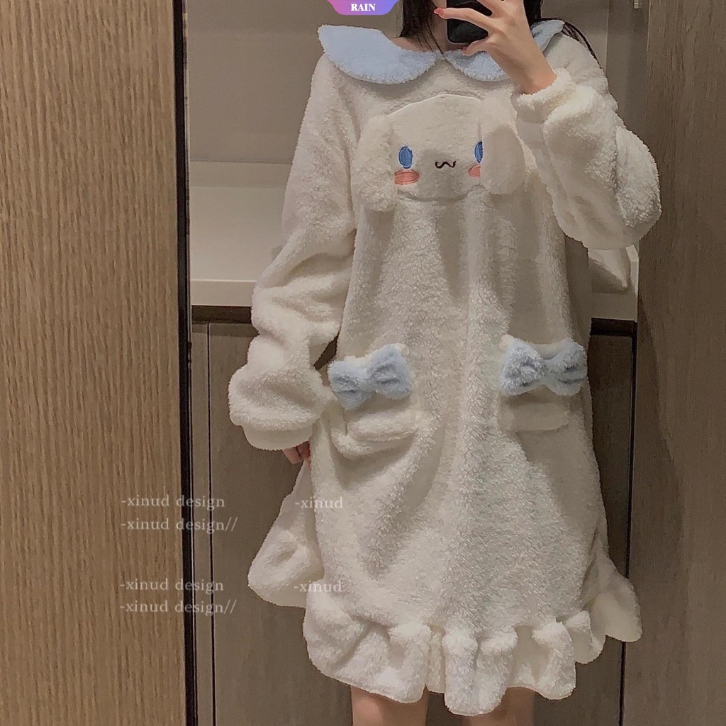 Đầm Ngủ Dáng Chữ A Tay Dài Bằng Vải Flannel Dày Viền Bèo In Họa Tiết Công Chúa Màu Trắng Sữa Dễ Thương Thời Trang Thu Đông Cho Nữ