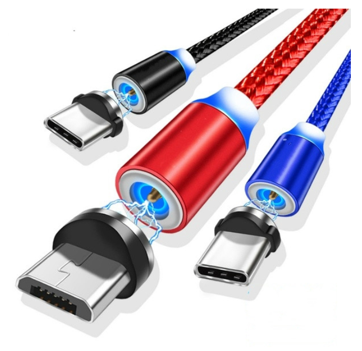 Cáp sạc từ hút nam châm đầu iPhone, đầu Type C và Micro USB 360 độ dây dù,có LED cao cấp  Bảo hành 6 tháng