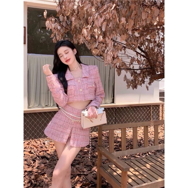 Set/Bộ Dạ Hồng Croptop Quần Giả Váy