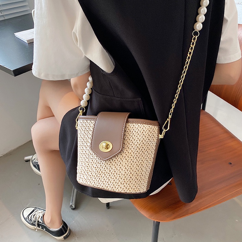 IELGY Túi Đeo Vai Dáng Xô Đính Ngọc Trai Phối Dây Xích Thời Trang Cho Nữ