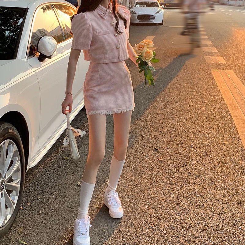 Set Áo Váy Ngắn Len Dệt Kim Quảng Châu Ôm Body Siêu Tôn Dáng