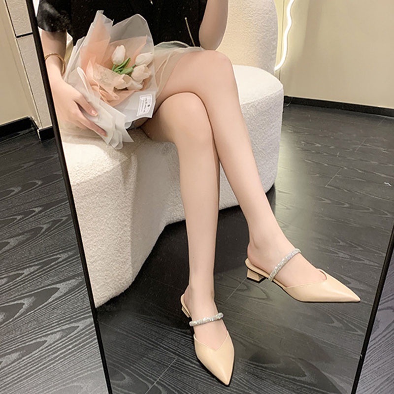 Dép mũi nhọn IELGY gót dày đính đá thời trang cho nữ