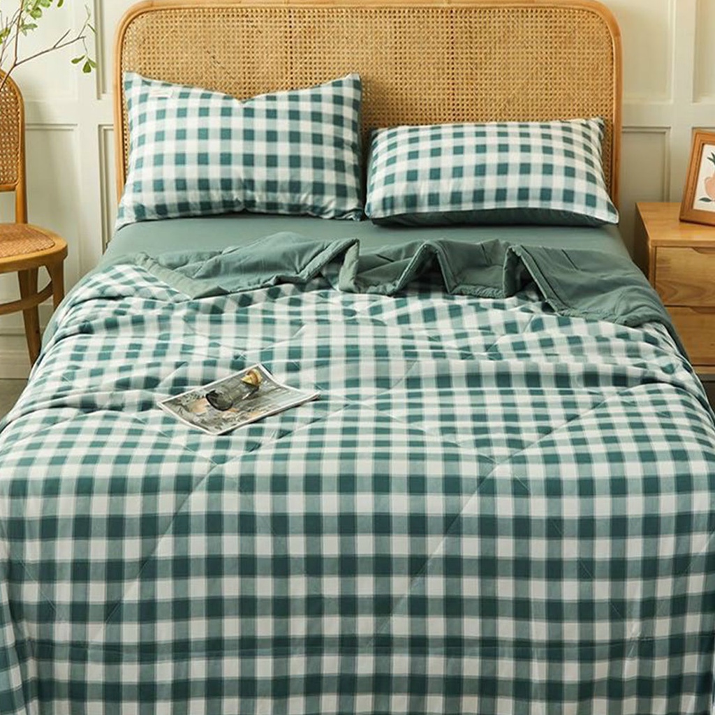 Bộ chăn ga gối cotton tici chăn trần EMMI Bedding mẫu Caro Xanh lá ,grap nệm thun lạnh Hàn Quốc Drap giường đệm đủ siz