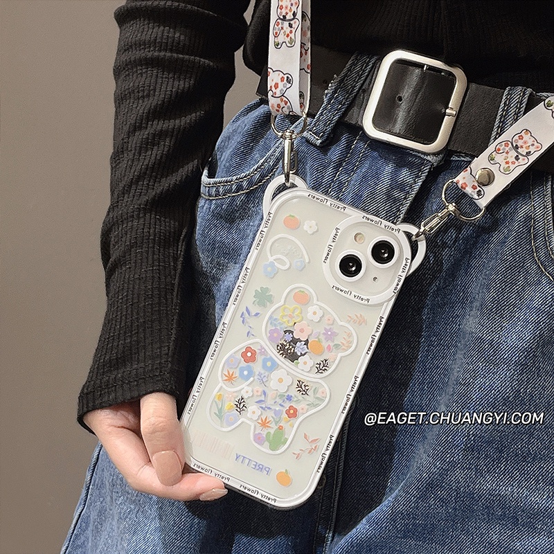 Ốp Điện Thoại Silicon Hình Gấu Hoạt Hình Có Dây Đeo Chéo Cho iPhone 13 Pro Max 12 11 X XS Max