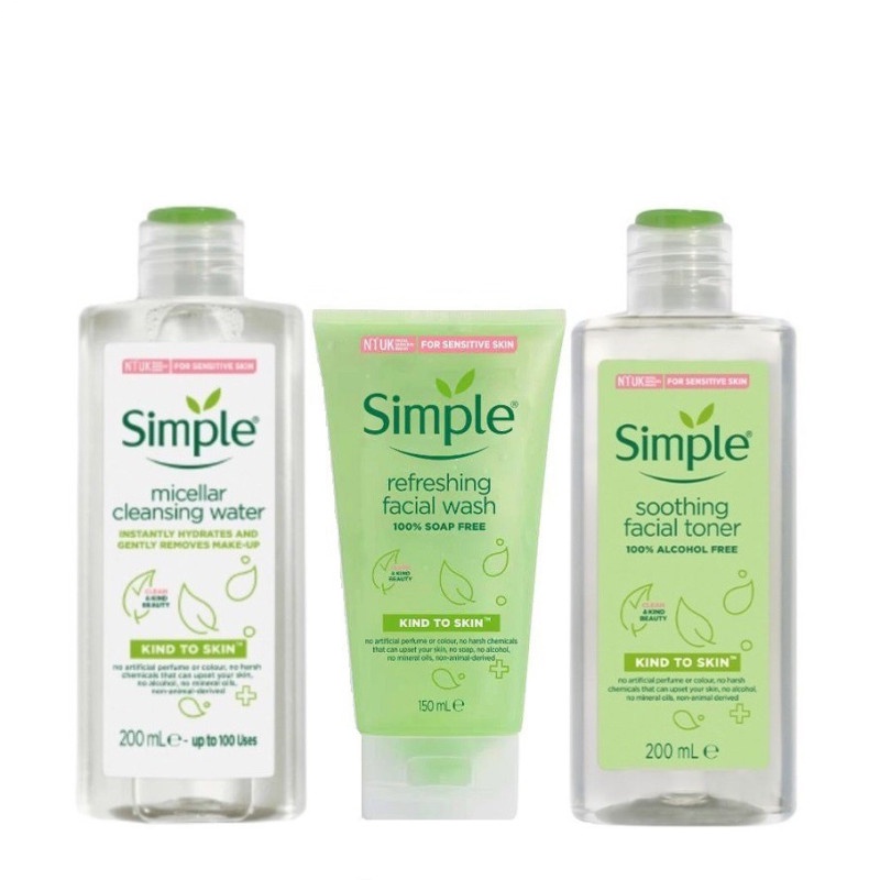 Bộ mỹ phẩm Simple 3 sản phẩm làm sạch, cân bằng da ( tẩy trang + sữa rửa mặt + toner)