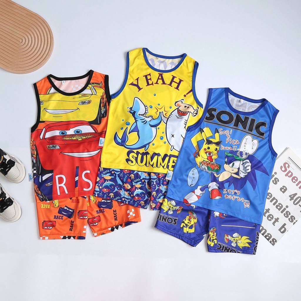 Bộ quần bé trai kiểu dáng sát nách in 3d chất vải sill lạnh mát mịn cho bé từ 12kg đến 30kg