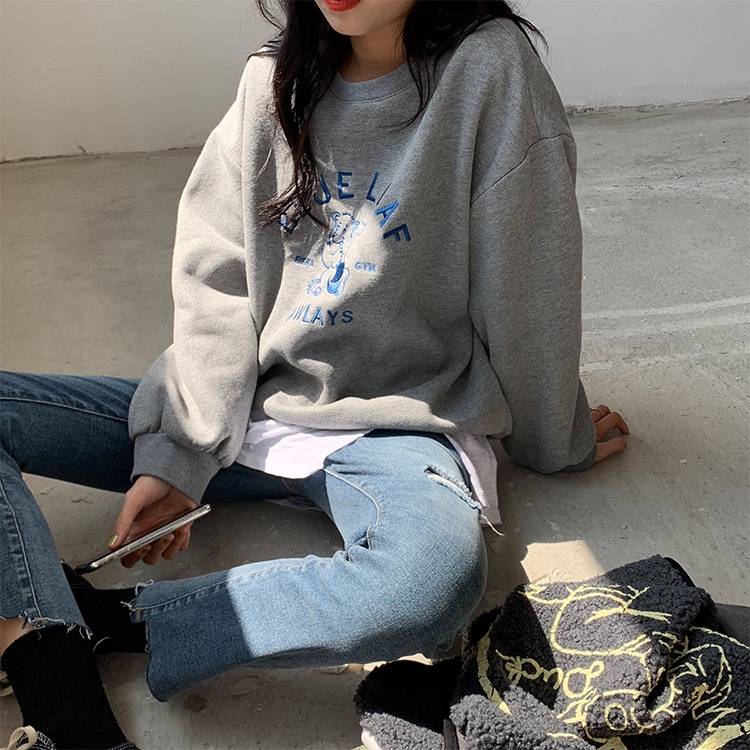 ZHELIHANGFEI Áo Thun Tay Dài Cổ Tròn Form Rộng Họa Tiết In Dễ Phối Đồ