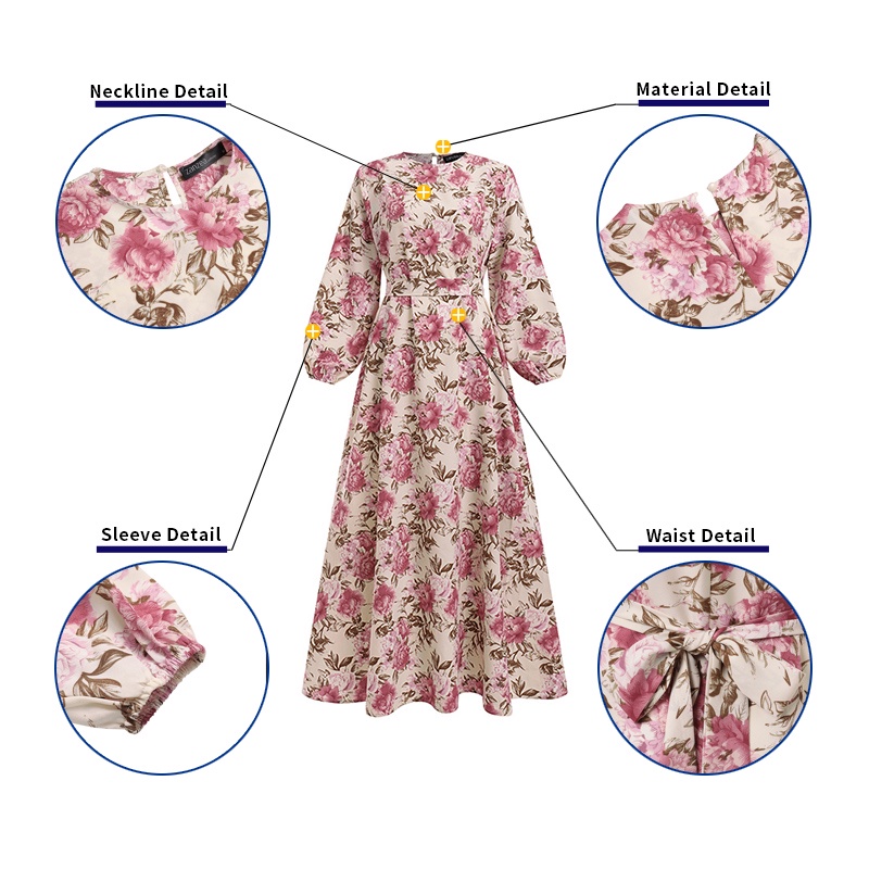 Zanzea Đầm Maxi Tay Dài Hoạ Tiết Hoa Thêu Cho Phụ Nữ Islam