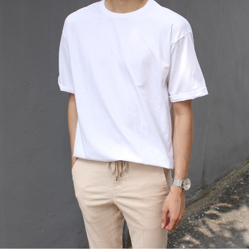 Áo thun nam trắng trơn ngắn tay vải cotton cổ bo tròn thương hiệu RYAN form rộng phong cách Hàn Quốc | BigBuy360 - bigbuy360.vn