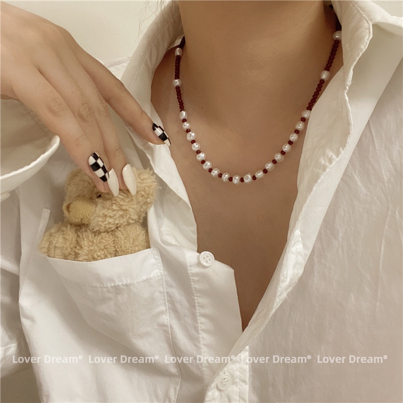 Dây Chuyền Ngọc Trai Màu Đen Đỏ Phong Cách Hàn Quốc 19A1302