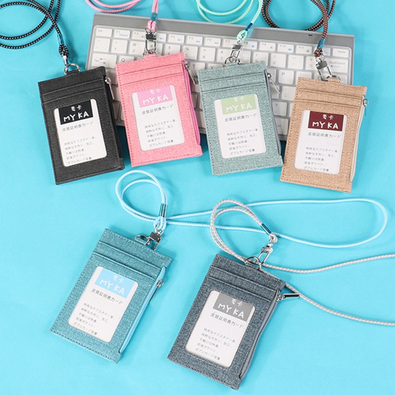 Ví Đựng Thẻ ID Bằng Vải Lanh Giả Da Phối Cotton Kèm Dây Đeo Cổ Tiện Dụng