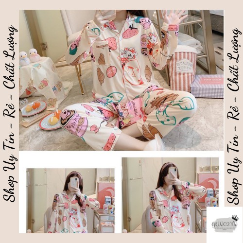 Đồ Ngủ Nữ Bộ Mặc Nhà Pijama Họa Tiết Dâu Tây Xinh Xắn Dài Tay Chất Liệu Lụa Sữa Mềm Mại Đủ Size M L XL XXL