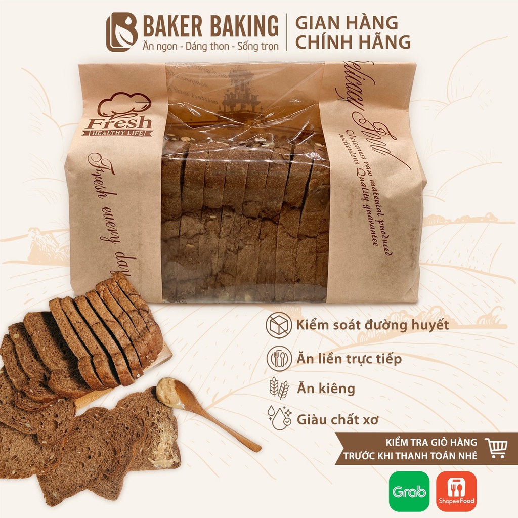 Bánh mì gối ngũ cốc nguyên cám Baker Baking không chất bảo quản