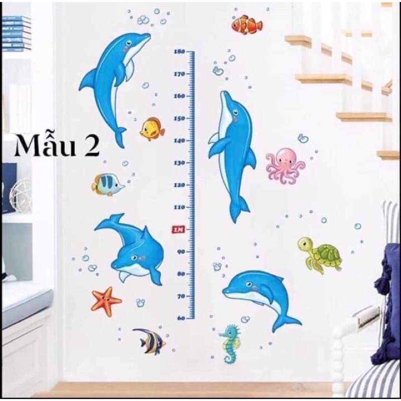 Decal dán tường đo chiều cao hình cá heo cho bé 02