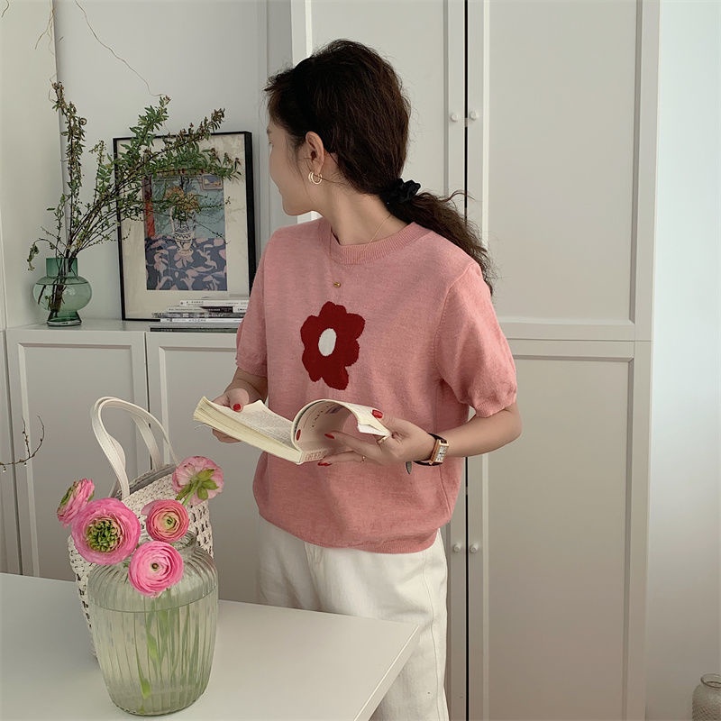 Áo Sweater Dệt Kim Tay Ngắn Cổ Tròn In Hoa Hồng Dễ Thương Kiểu Hàn Quốc