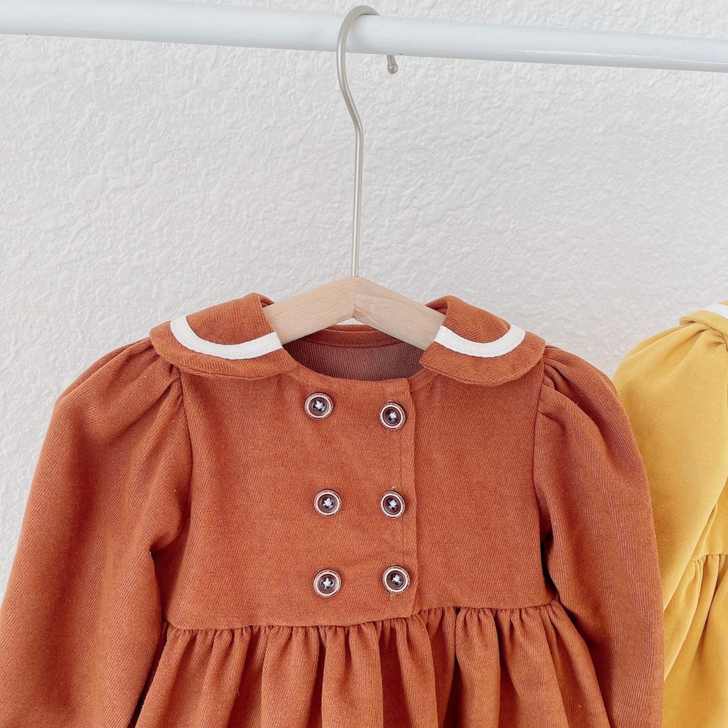 [size 12-25kg] Váy nhung dài tay có cổ, phối kẻ viền gấu cho bé gái xinh yêu, chất dày dặn