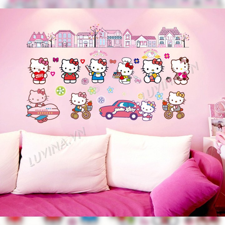 [RẺ VÔ ĐỊCH]-[ĐƠN 200K CÓ QUÀ TẶNG]-Decal trang trí lớp mầm non,phòng ngủ cho bé-Thành phố kitty -[GIAO TRONG NGÀY]