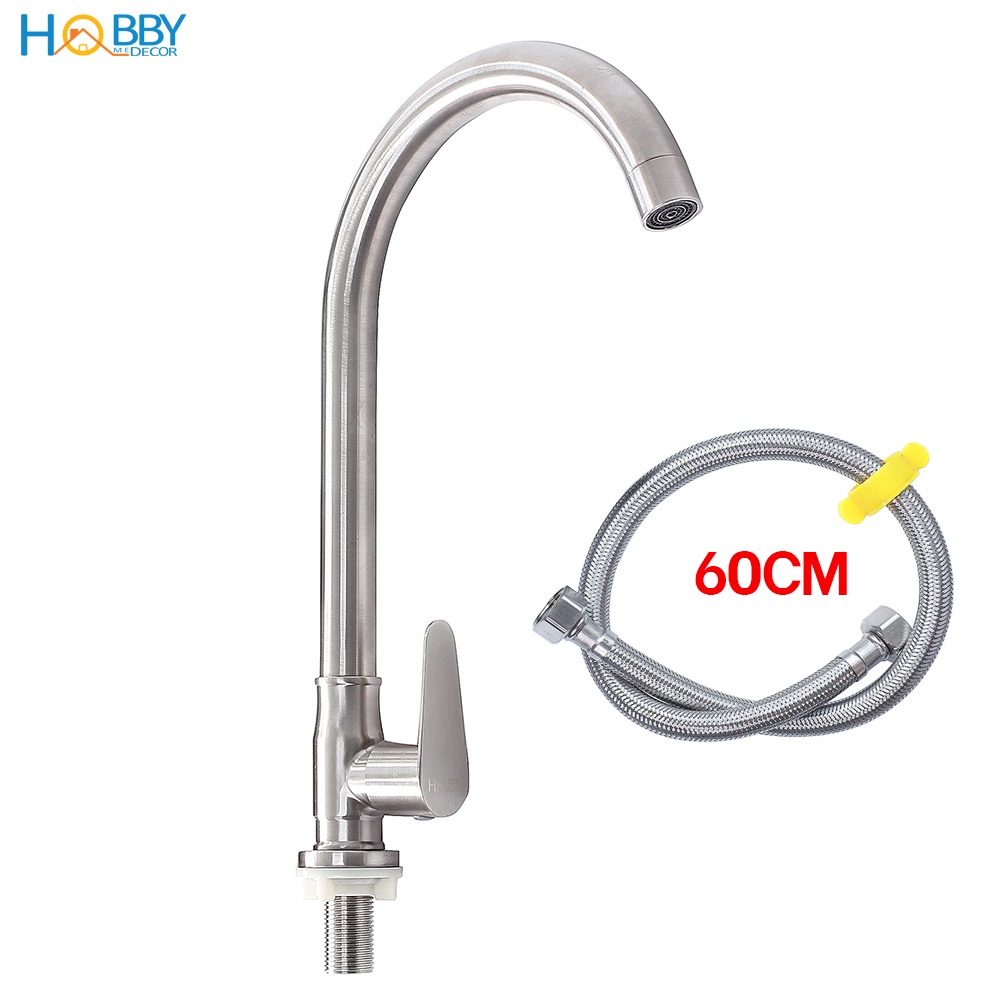 Vòi rửa chén lạnh gắn chậu rửa HOBBY Home Decor RL1 loại inox 304 xoay tròn kèm dây cấp lạnh 60cm