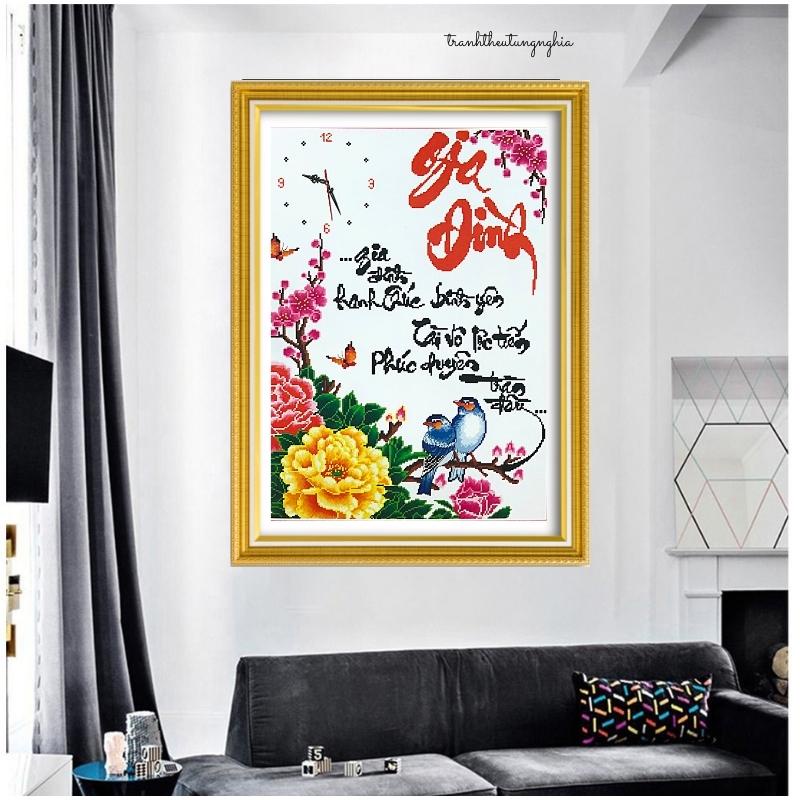 Tranh thêu chữ thập đồng hồ gia đình hạnh phúc 54cm x 71cm