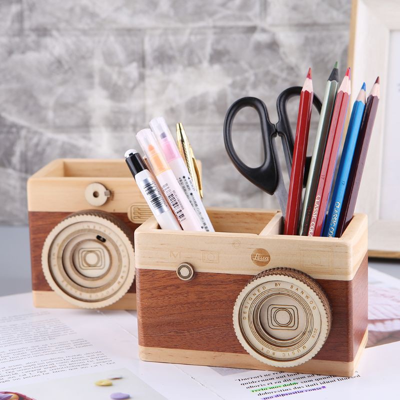 SEL Creative Camera Pattern Wooden Pen Pencil Case Holder Stand Desktop Sundries Storage Box Multi Purpose Use