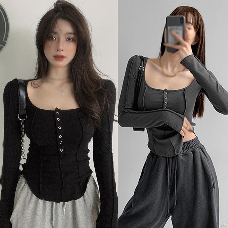 Áo thun ôm tay dài màu sắc đơn giản cho nữ