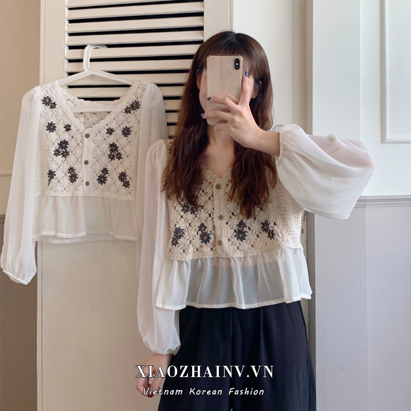 Áo Voan Tay Dài Cổ V Họa Tiết Thêu Phong Cách Retro Cổ Điển Xinh Xắn Cho Nữ Xiaozhainv
