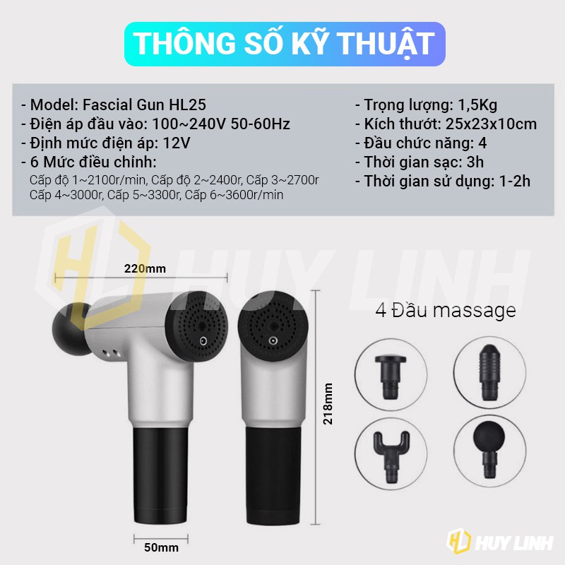 Máy massage Fascial Gun 4 đầu 6 chức năng HL25 - Massage cầm tay thư giản cơ bắp