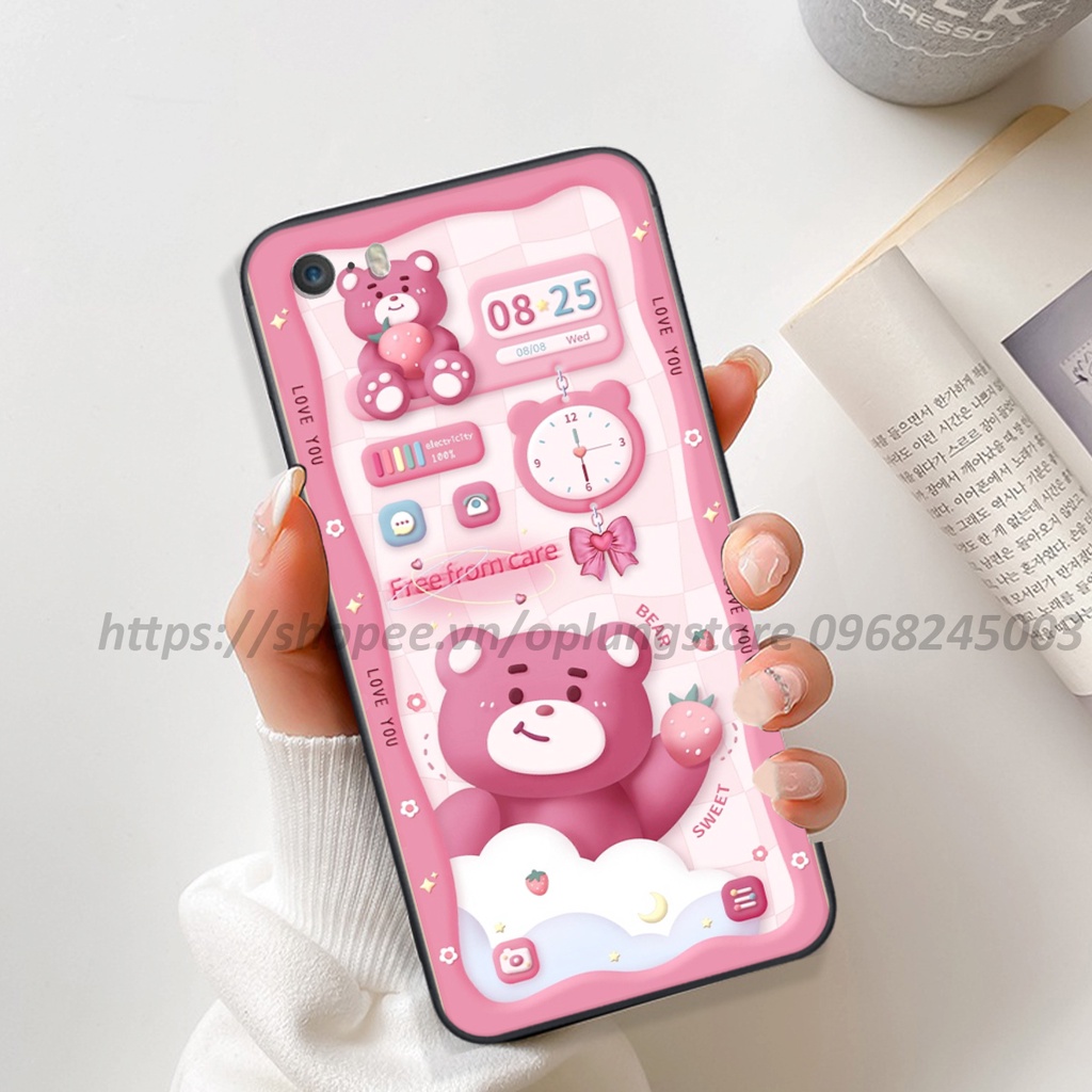 Ốp lưng Iphone 5 / 5S / 5SE in hình 3D gấu cute xinh xắn cạnh viền vuông bảo vệ camera
