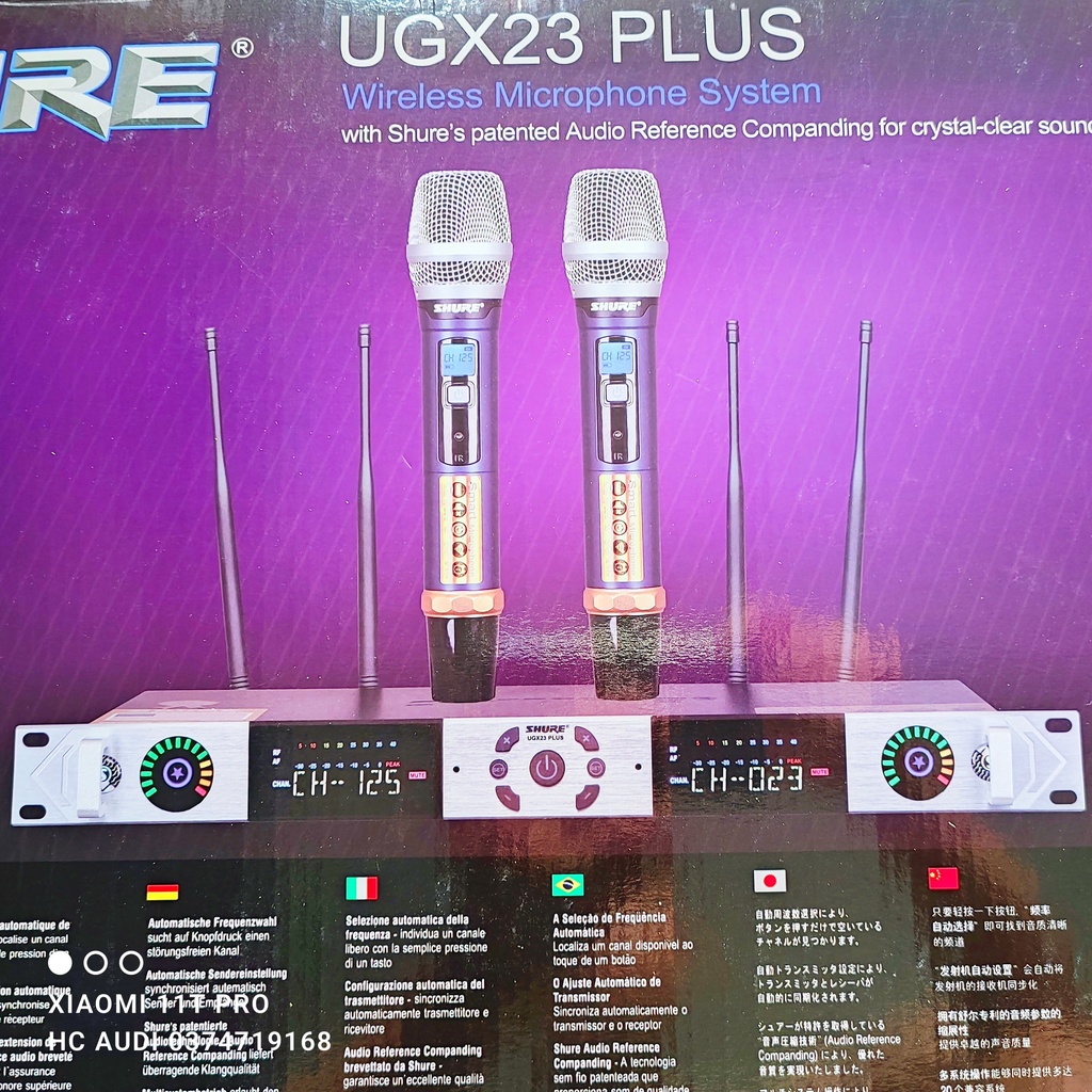 Mic không dây SHURE UGX 23 PLUS - micro SHURE UGX23 PLUS vỉ tím , tự ngắt , gia tốc , dò sóng ,bốn râu thu sóng khỏe