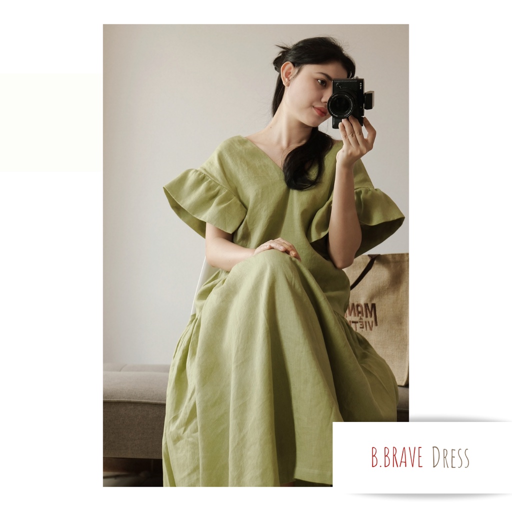 Đầm linen 100% hàng thiết kế tay cách điệu tùng xòe | B.BRAVE long linen dress | CHAMULINEN