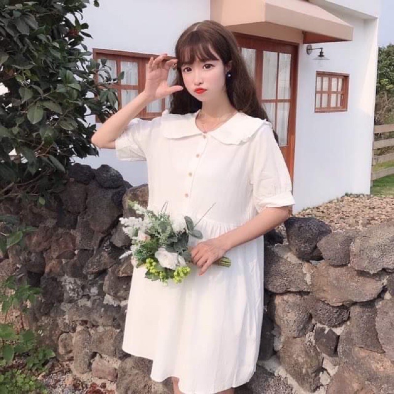 ĐẦM BABYDOLL CỔ BÈO KHUY CÀI ❤️VÁY dáng XOÈ TAY NGẮN❤️ CHẤT KATE MÁT MỊN
