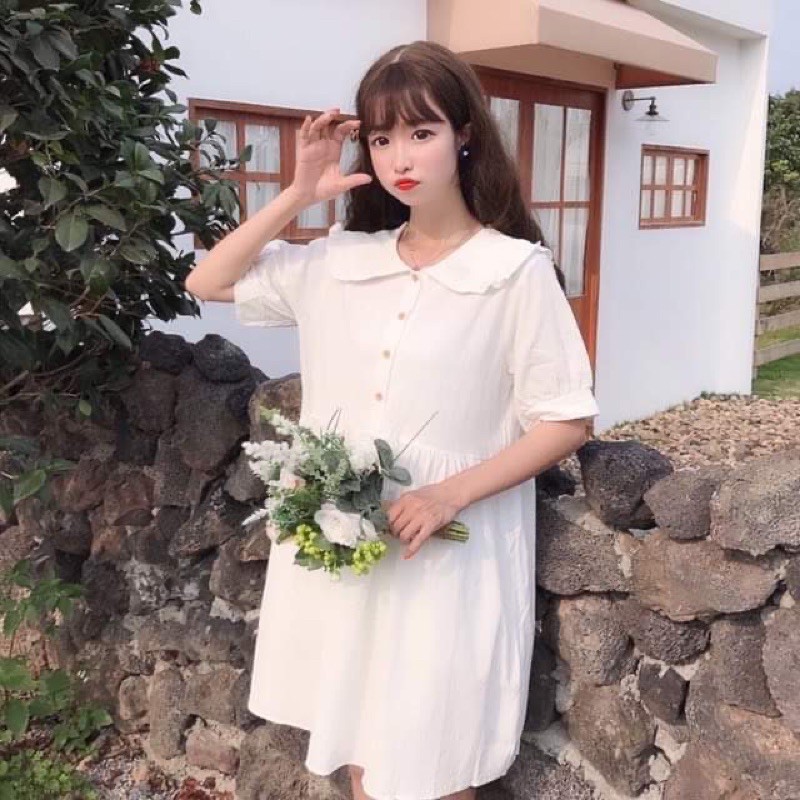 ĐẦM BABYDOLL CỔ BÈO KHUY CÀI ❤️VÁY DÁNG XOÈ TAY NGẮN❤️ CHẤT KATE MÁT MỊN THỜI TRANG ULZZANG.VÁY TRẮNG HỌC SINH NỮ