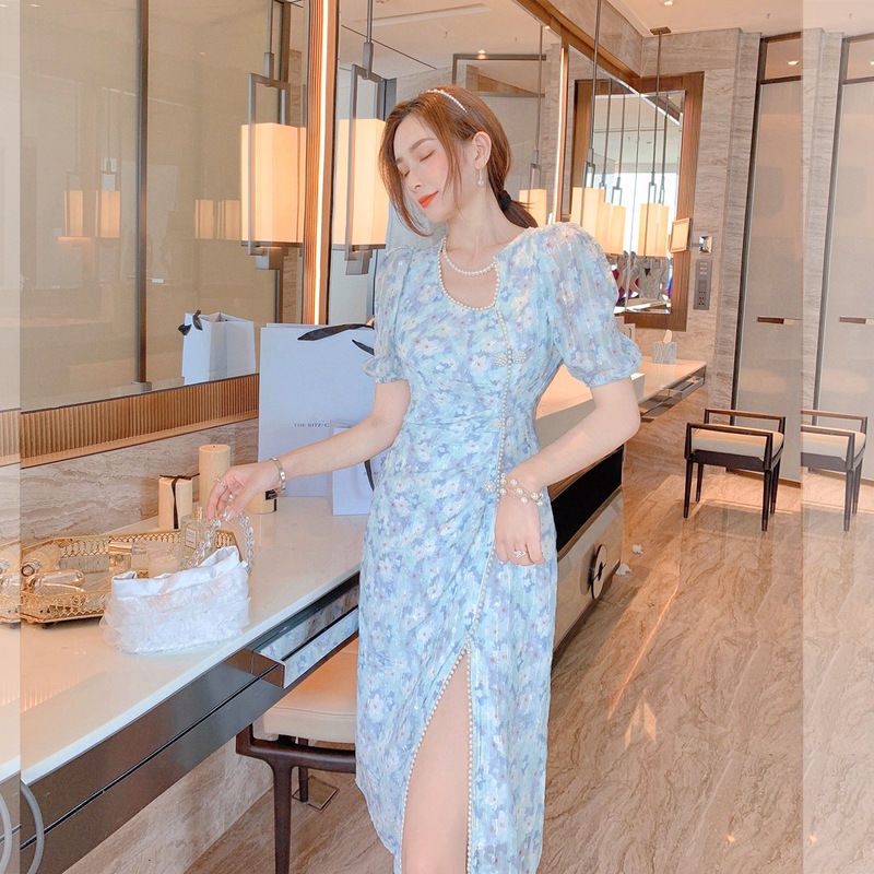 Đầm Tay Ngắn Màu Xanh Dương In Hoa Thời Trang Mùa Hè Phong Cách Pháp Hiện Đại Mới Cho Nữ | BigBuy360 - bigbuy360.vn