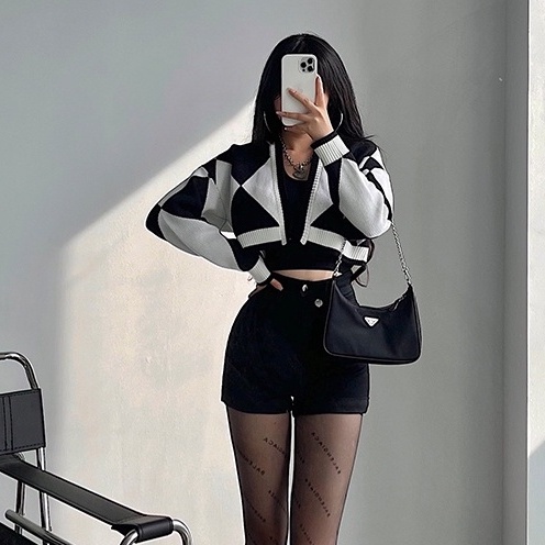 ihkke Áo khoác cardigan dệt kim tay dài dáng rộng màu sắc retro