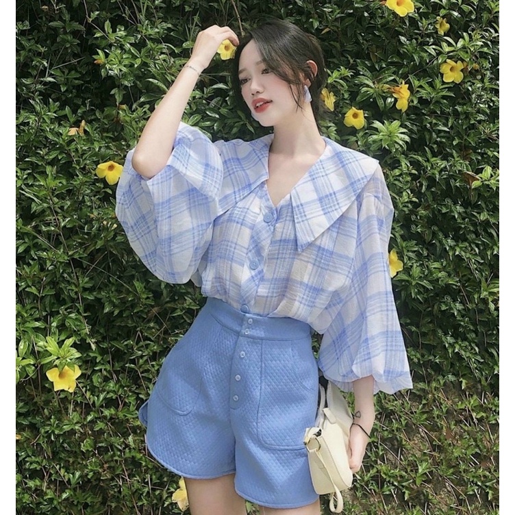 Set áo sơ mi caro cổ to tay phồng kèm quần short xanh pastel