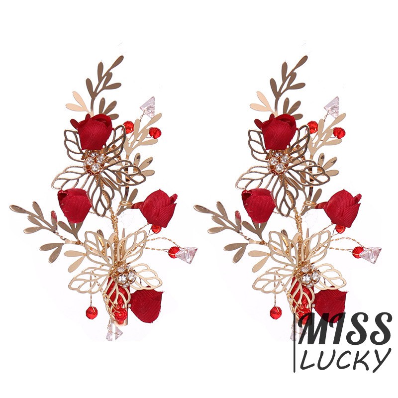 Kẹp tóc hình hoa đỏ đính đá giả kim cương sáng bóng handmade phong cách Trung Hoa thời trang cho cô dâu