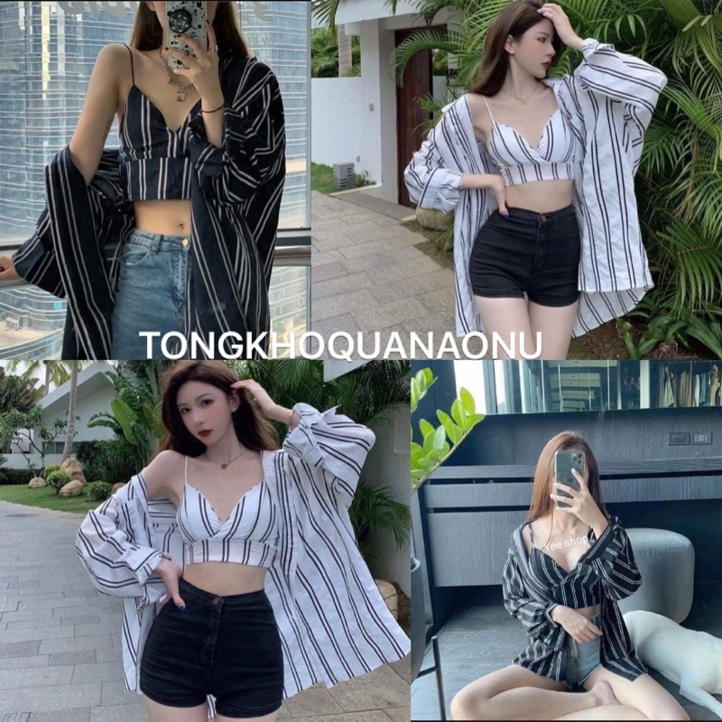 Sét áo sơ mi kẻ kèm áo 2 dây ❤️áo sơ mi nữ❤️ áo sơ mi unisex, áo nữ dài tay ulzzang