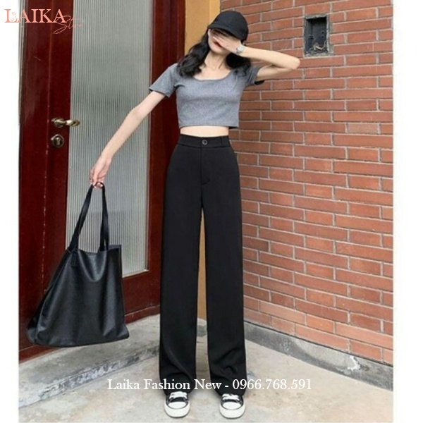 Quần tây nữ ống rộng đi học lưng cao dáng suông dài 100cm màu Đen - Quần ống rộng cạp cao đi học chơi làm công sở xinh