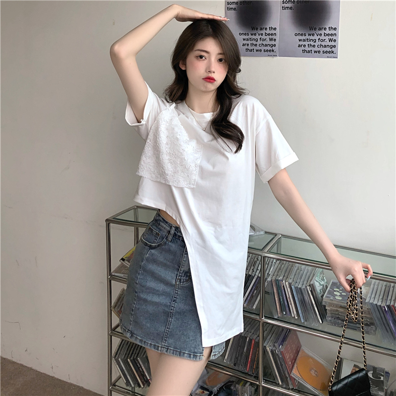 Áo thun nữ SUXI tay ngắn phối ren vạt không đối xứng phong cách Hàn Quốc