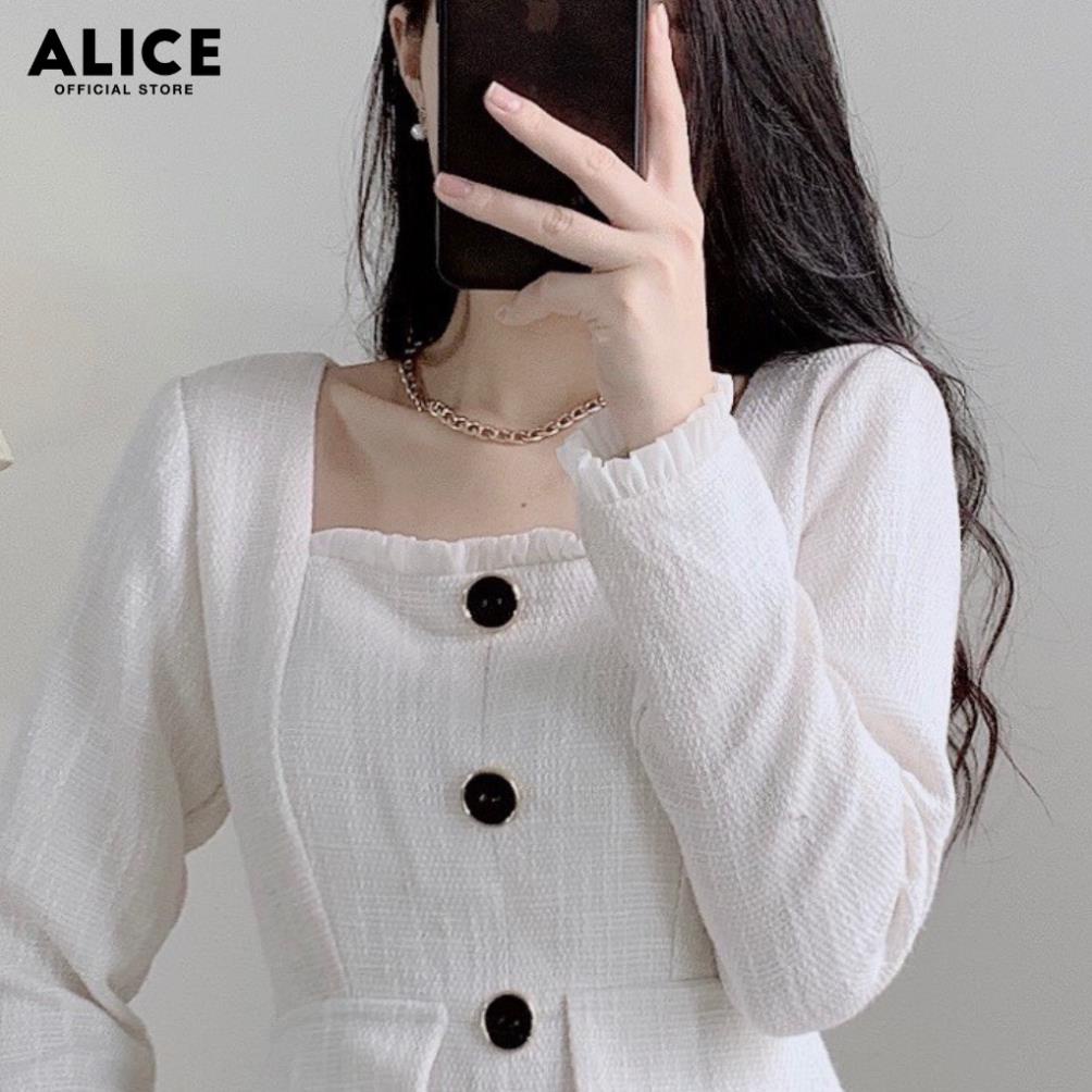 sale 12-12 Váy Trắng Cổ Vuông Dài Tay ALICE Chất Vải Dạ Text Cao Cấp Lót Lụa Thiết Kế Dáng Xòe Phối Bèo Thân Váy V729