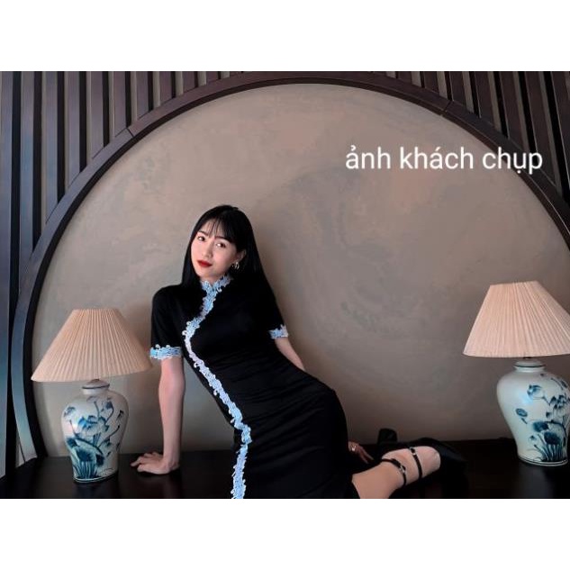 S1 //SỈ BẰNG LẺ // Đầm sườn xám cách tân đen viền ren trắng xẻ váy trẻ trung nữ tính Trung hoa đẹp