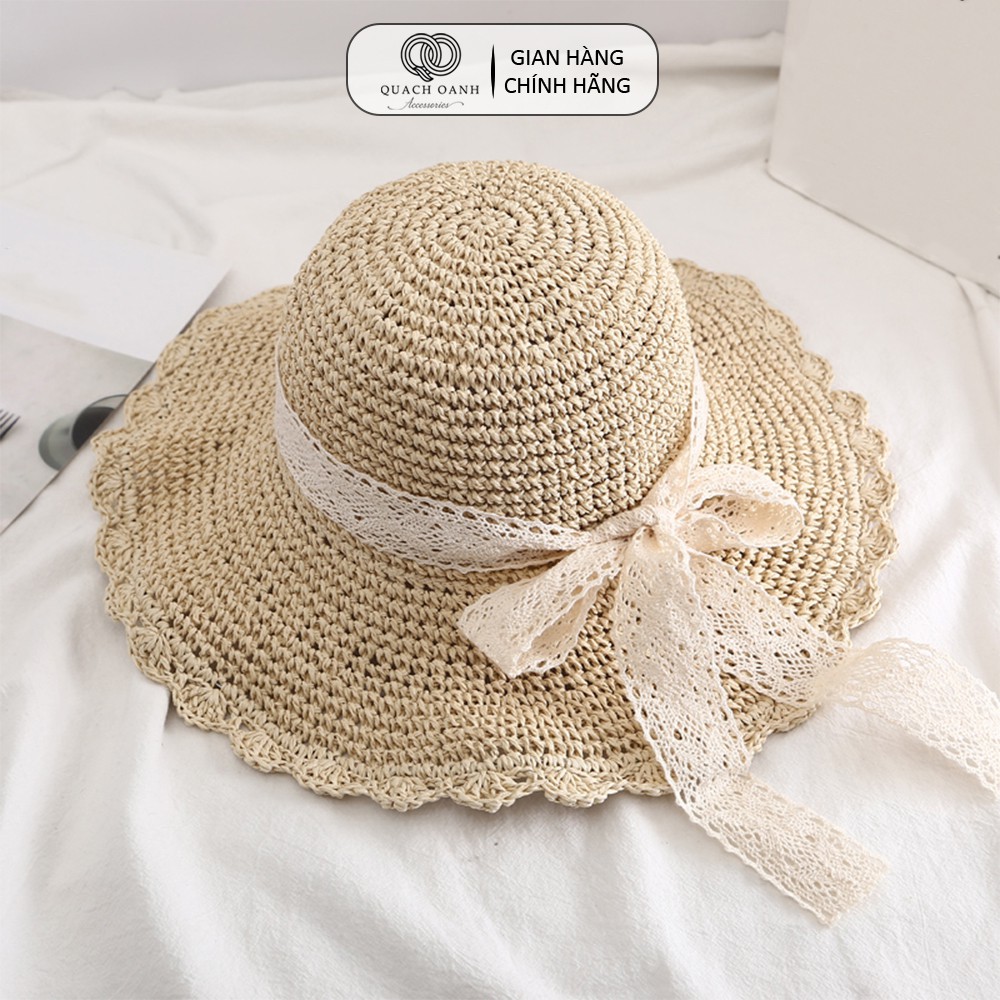 Mũ nón cói QO ACCESSORIES vành rộng lượn sóng dây nơ ren cho mẹ và bé đi biển mùa hè MU39
