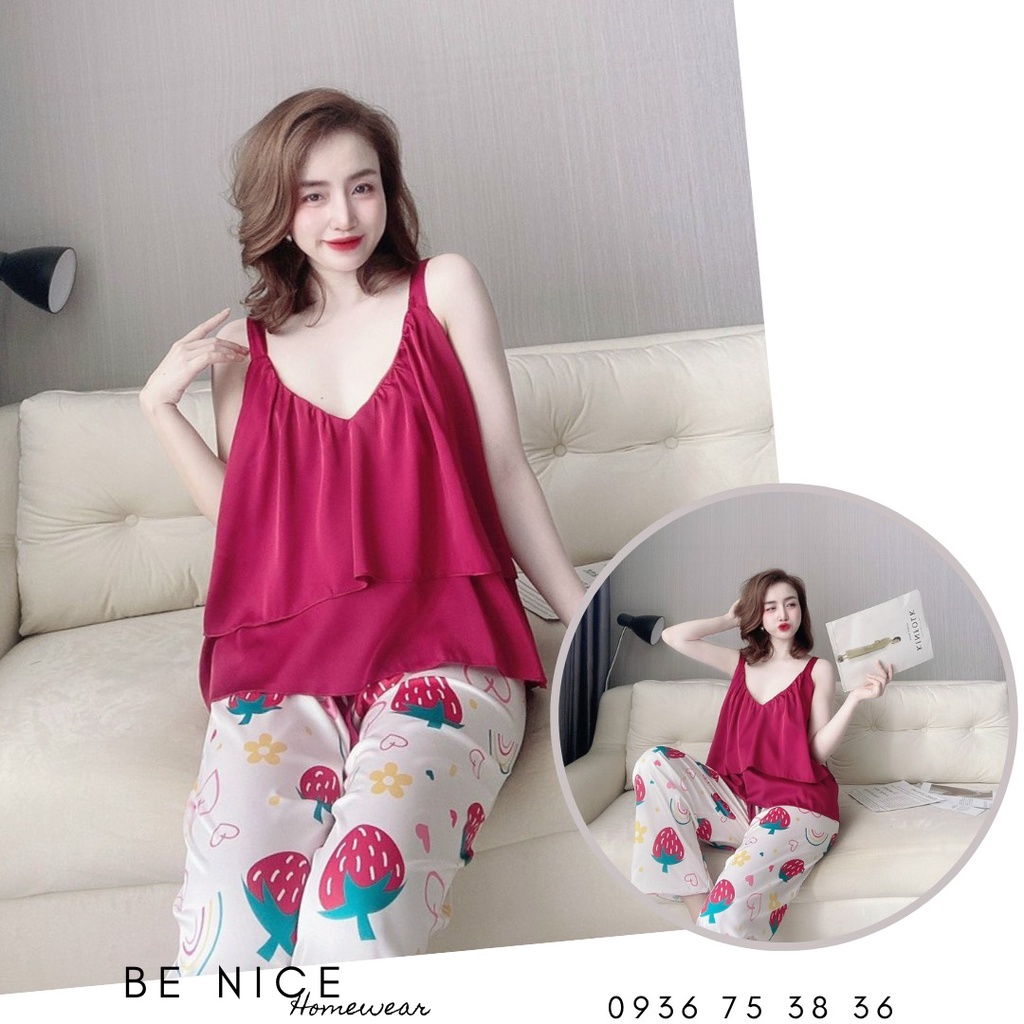 Set lụa hai dây tầng cổ V phối màu họa tiết xinh xắn  Be Nice Homewear