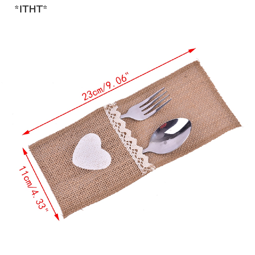 [ITHT] 10 Túi Đựng Dao Kéo Bằng Vải Bố Phối Ren Dùng Trang Trí Bàn Tiệc Cưới