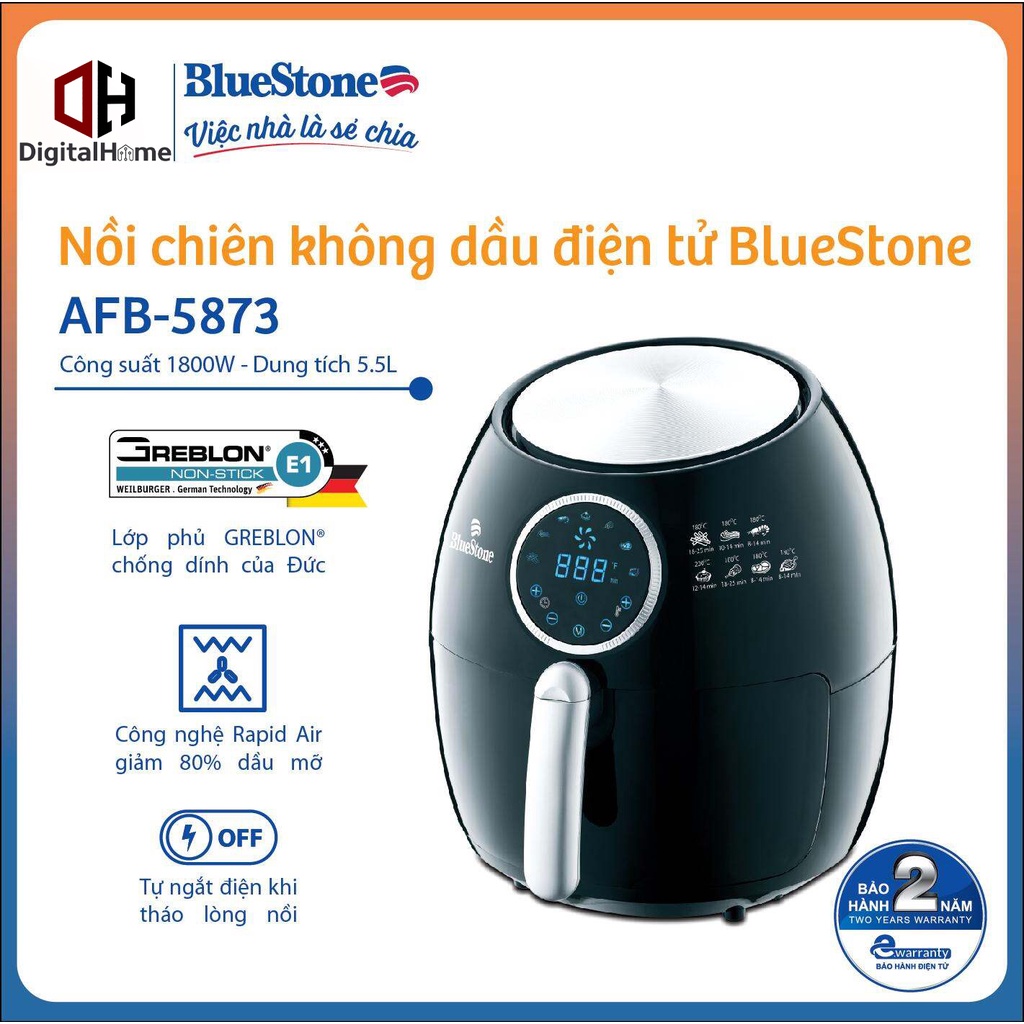Nồi Chiên Không Dầu Điện Tử BlueStone AFB 5873, Dung Tích 5,5 Lít, Công Suất 1800W, Bảo Hành Chính Hãng 2 Năm