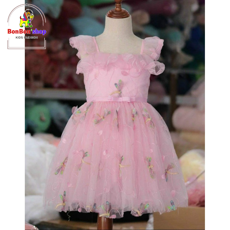 đầm 2 dây công chúa cho bé, đầm công chúa màu hồng